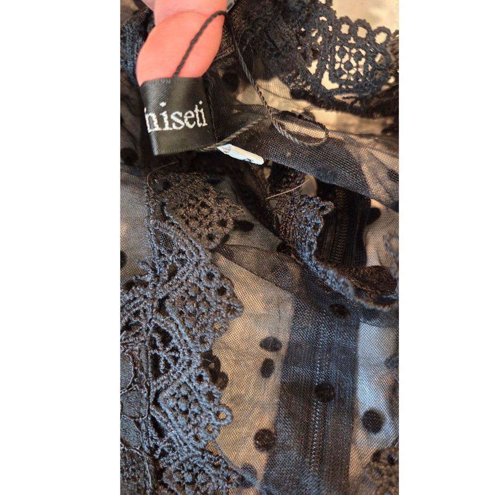 Giffniseti Lace Tulle Tiered Maxi Dress Sheer Polka Dot Gothic Black Gown Small - Picture 2 of 12